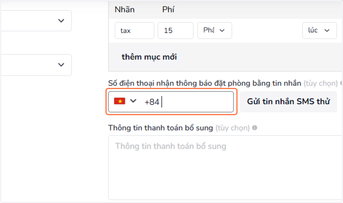 Số điện thoại nhận thông báo đặt phòng bằng tin nhắn (tùy chọn)