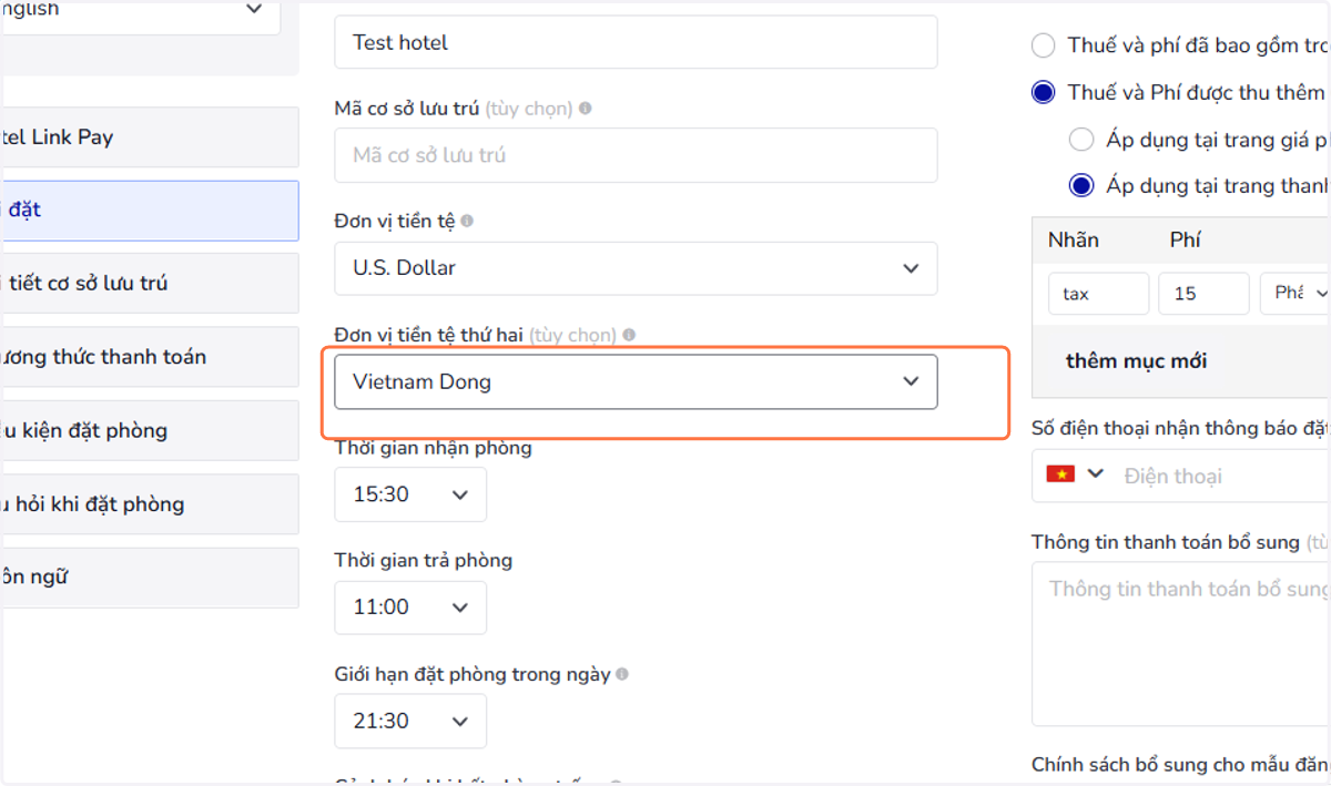 Đơn vị tiền tệ thứ hai (tùy chọn): Đơn vị tiền tệ thứ hai được dùng để tham khảo trên trang Chi tiết đặt phòng. Số tiền theo đơn vị tiền tệ mặc định sẽ được hệ thống tự động quy đổi sang đơn vị tiền tệ thứ hai và hiển thị khi người dùng tải xuống hóa