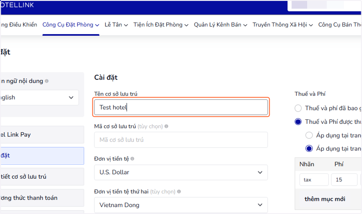 Trong Tên cơ sở lưu trú, nhập tên tên cơ sở lưu trú của bạn
