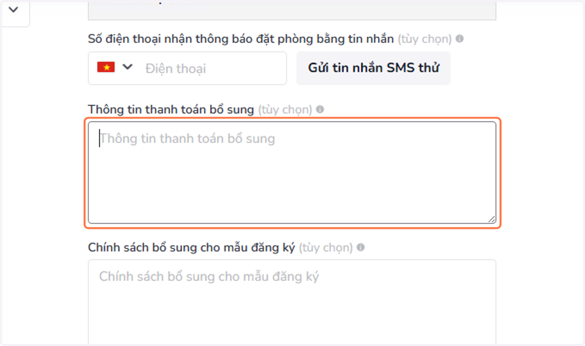 Thông tin thanh toán bổ sung (tùy chọn): Cho phép thêm thông tin thanh toán hiển thị trên phiếu xác nhận đặt phòng (Voucher) và Mẫu đăng ký (Registration Form).