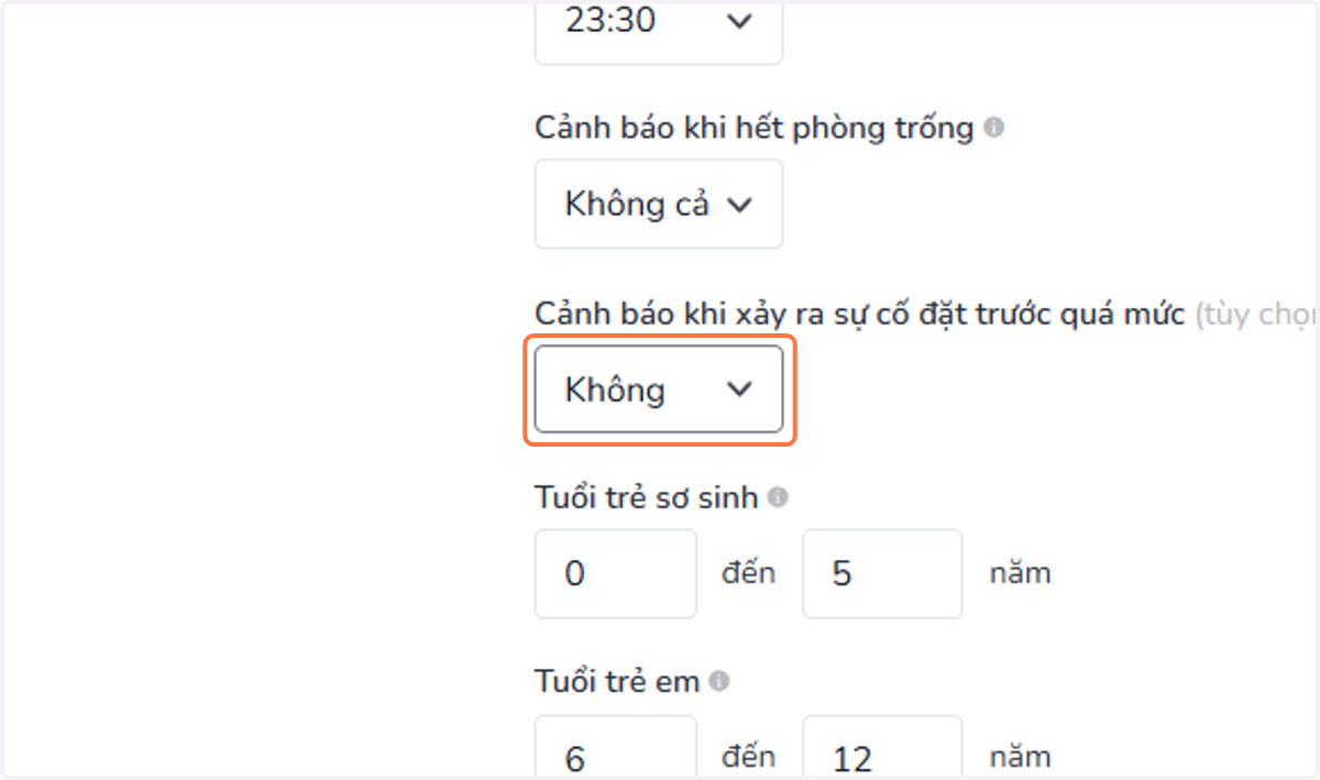Cảnh báo khi xảy ra sự cố đặt trước quá mức (tùy chọn): Bật cảnh báo tự động khi hệ thống phát hiện có đặt phòng vượt quá số lượng phòng thực tế.