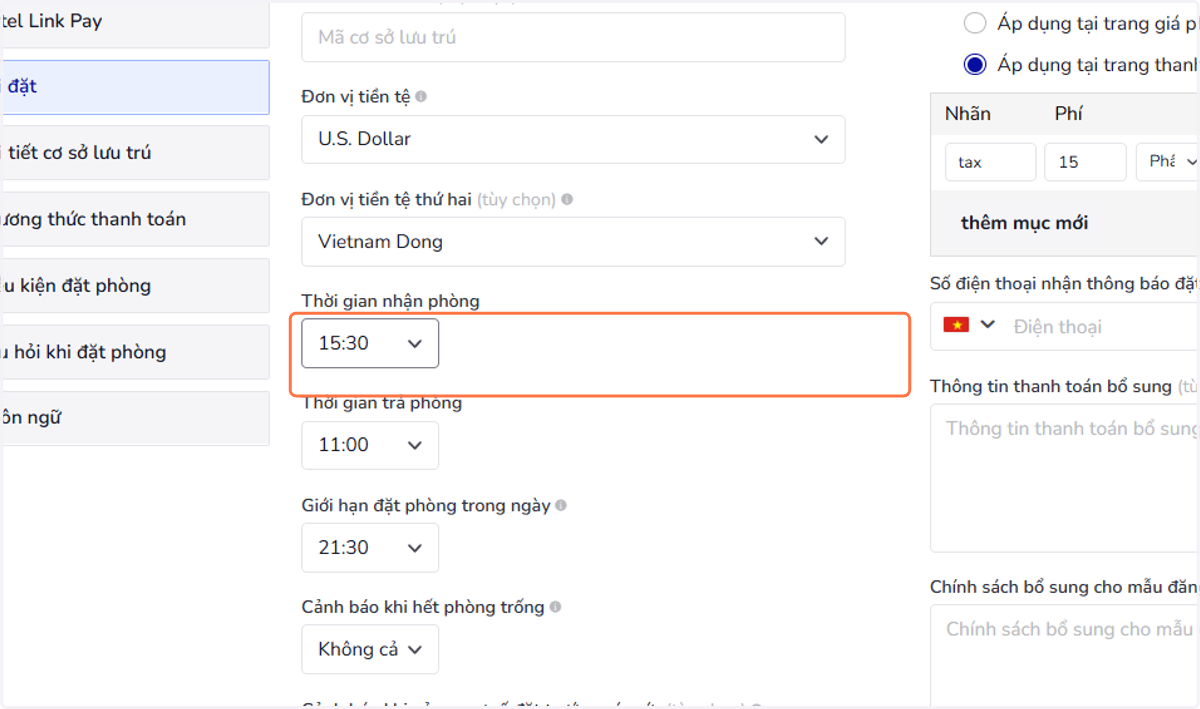 Thời gian nhận phòng: Chọn thời gian khách nhận phòng tại cơ sở lưu trú của bạn.