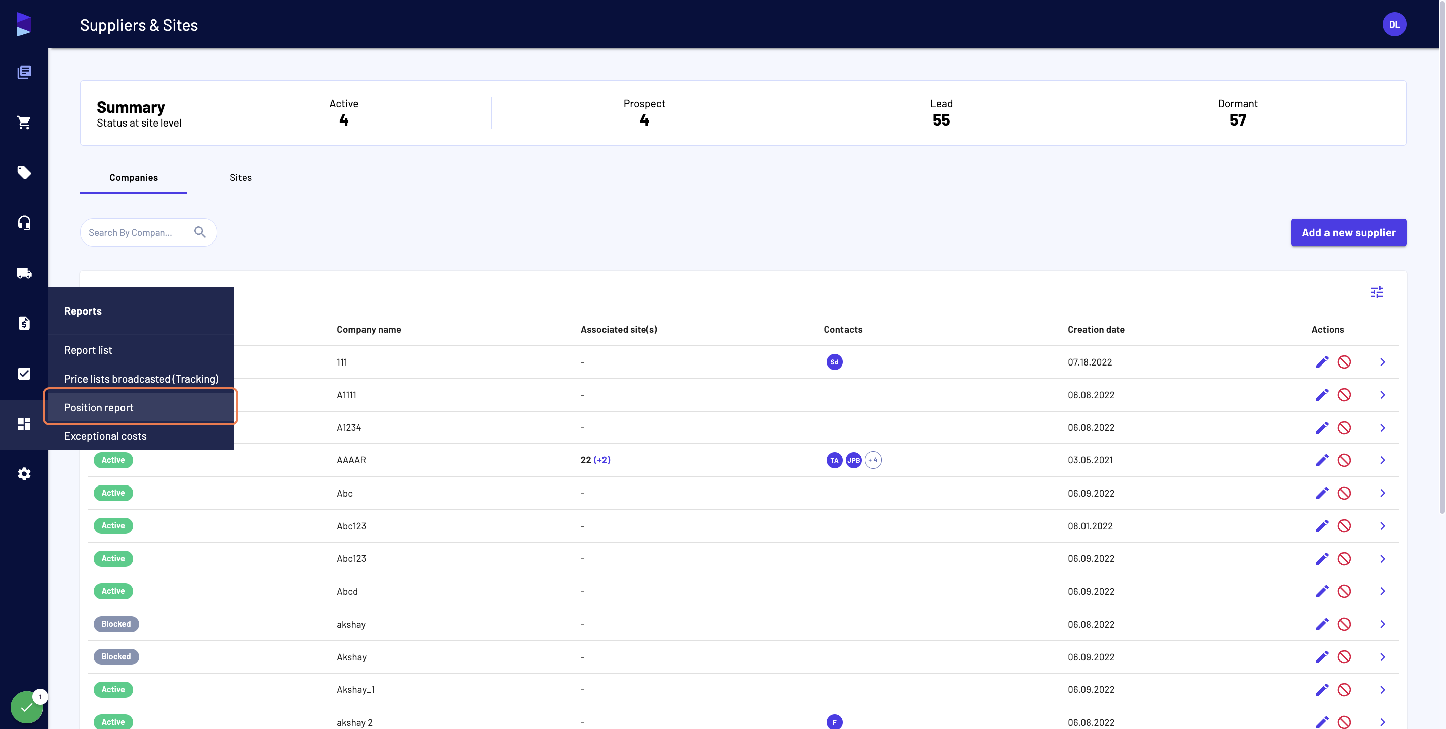 Access the "Reports" menu and the "Position report" section