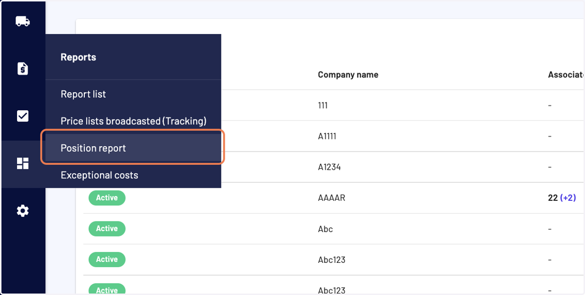 Access the "Reports" menu and the "Position report" section