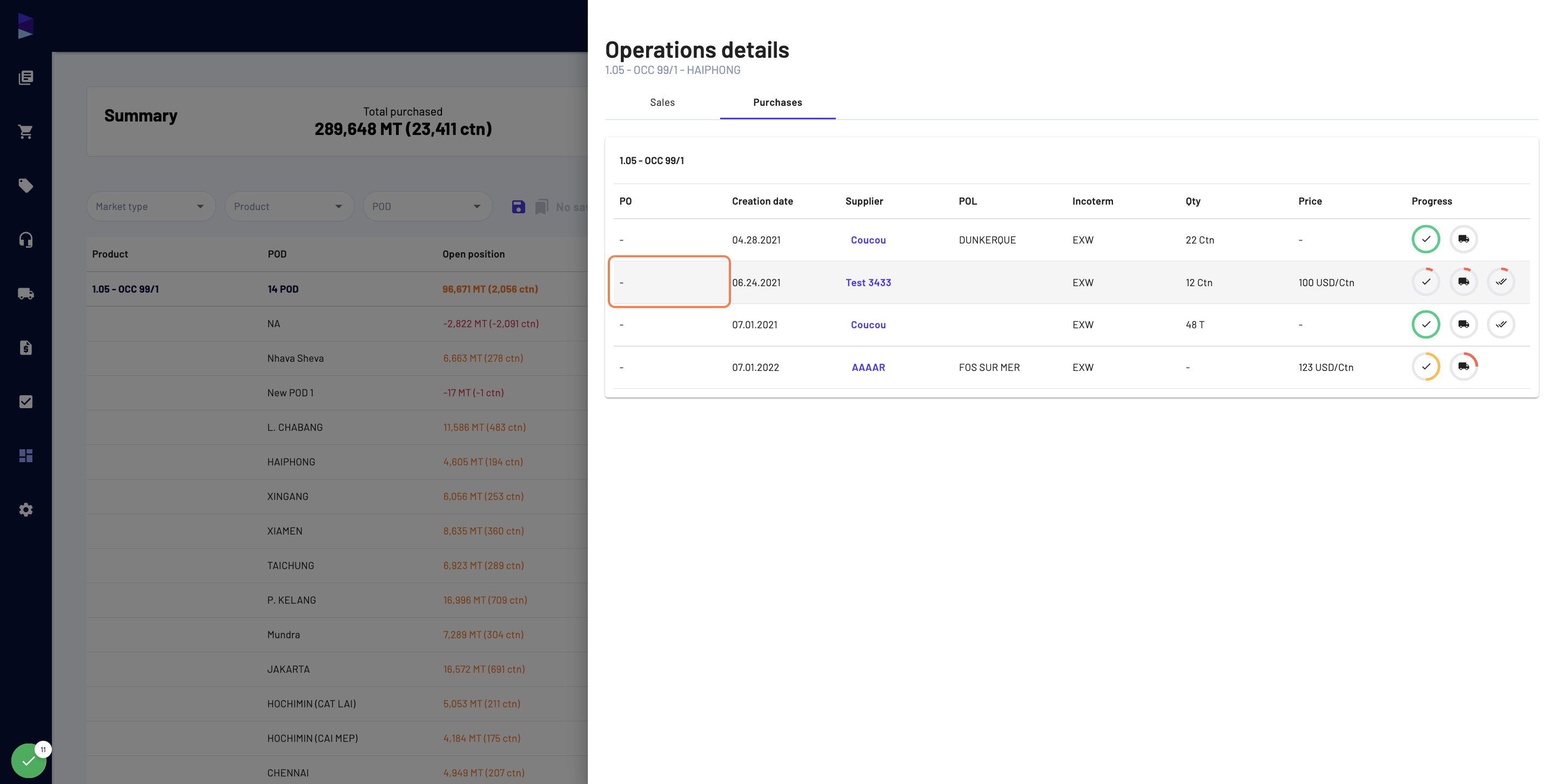 Click on a specific purchase or sale, in order to open a modal with the associated operations