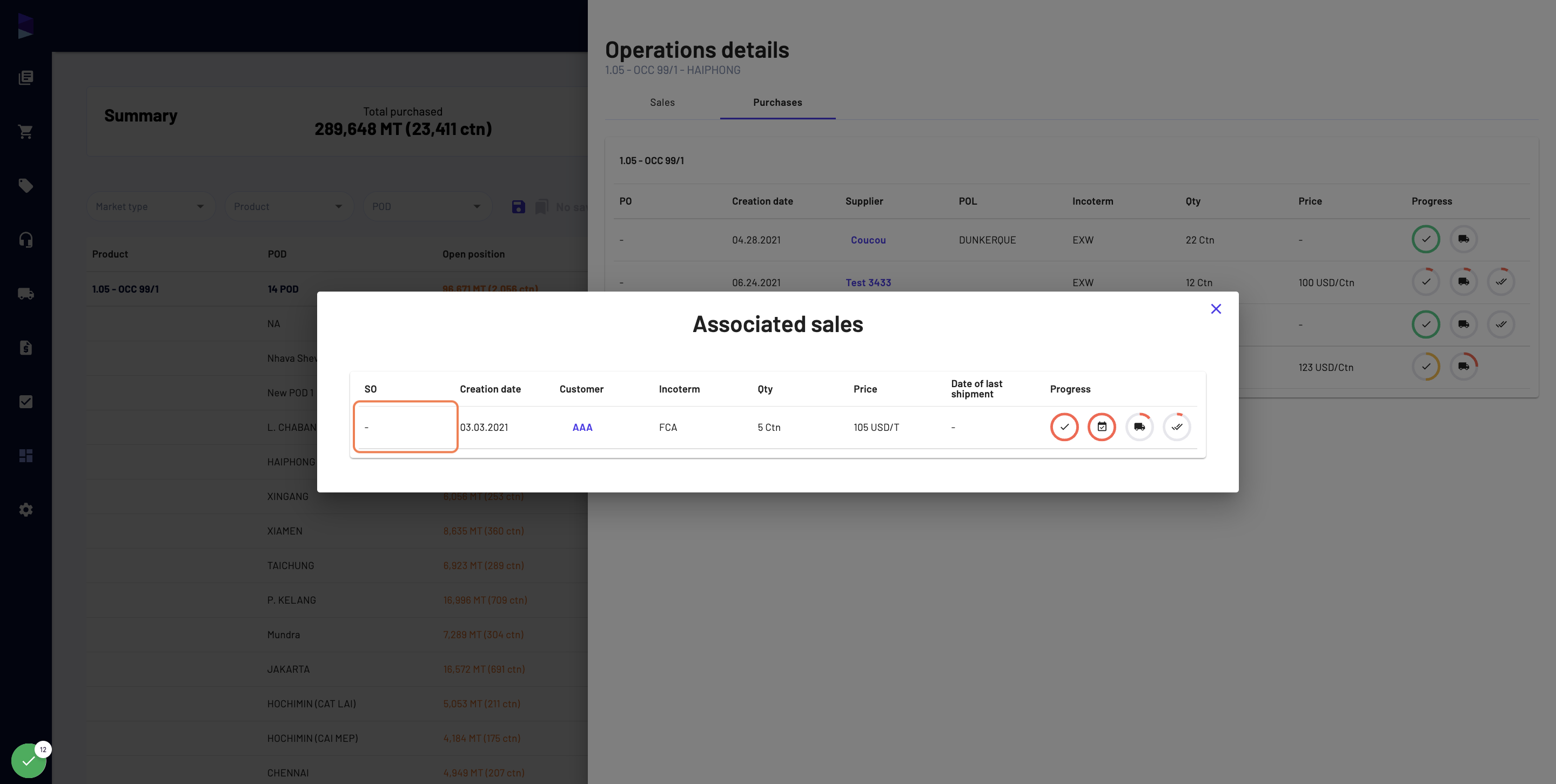 Here you can see the associated sale of a given purchase