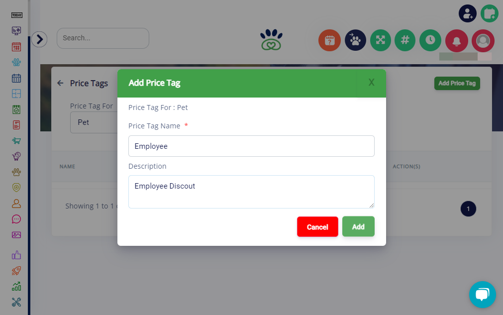 Click on the "Add" button to save the newly created pet price tag.