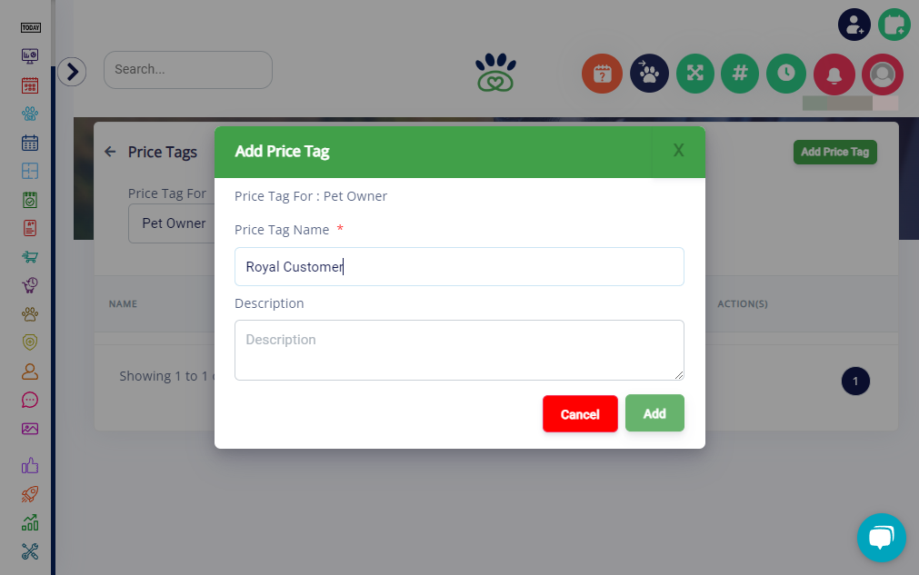 Click on the "Add" button to save the newly created pet owner price tag.