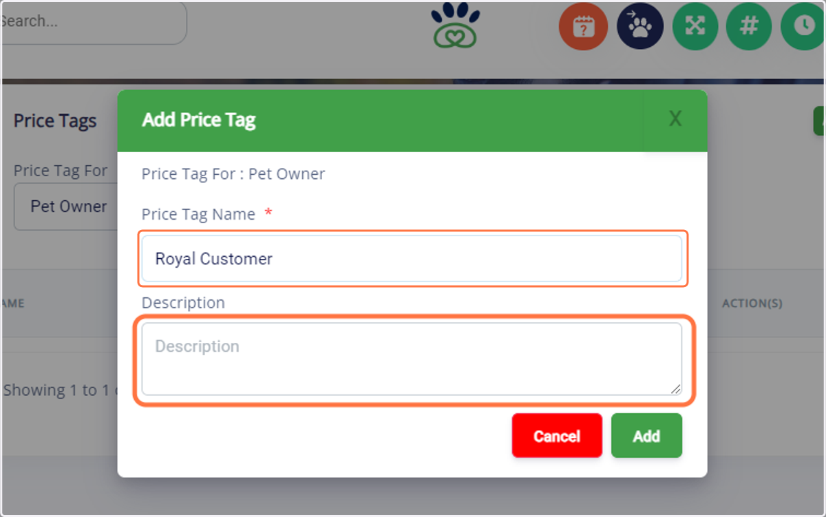 Name: Type a clear name for the price tag, such as "Loyalty Member", "First-Time Customer", "Family". Description: Provide a brief explanation of the price tag's purpose or criteria for application.