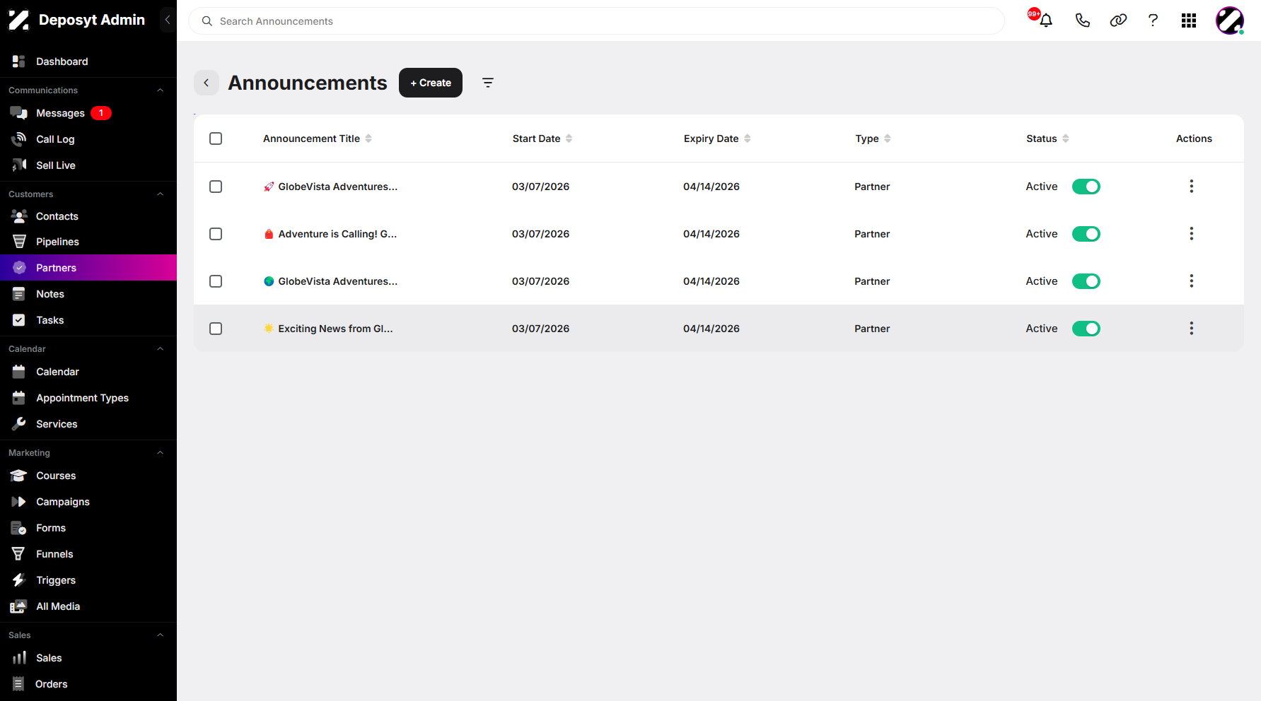 Step 5: You can then activate your announcements by toggling the switch on or off.