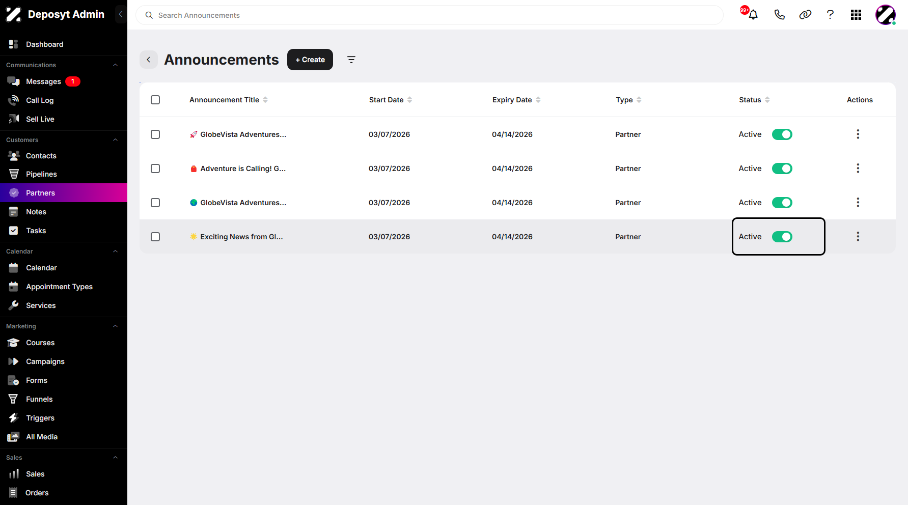Step 5: You can then activate your announcements by toggling the switch on or off.