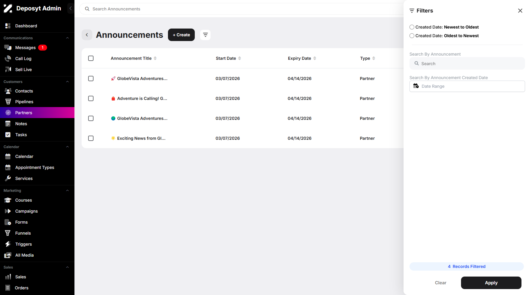 Step 8: Filtering announcements is also accessible by clicking the Filters button next to the + Create button.