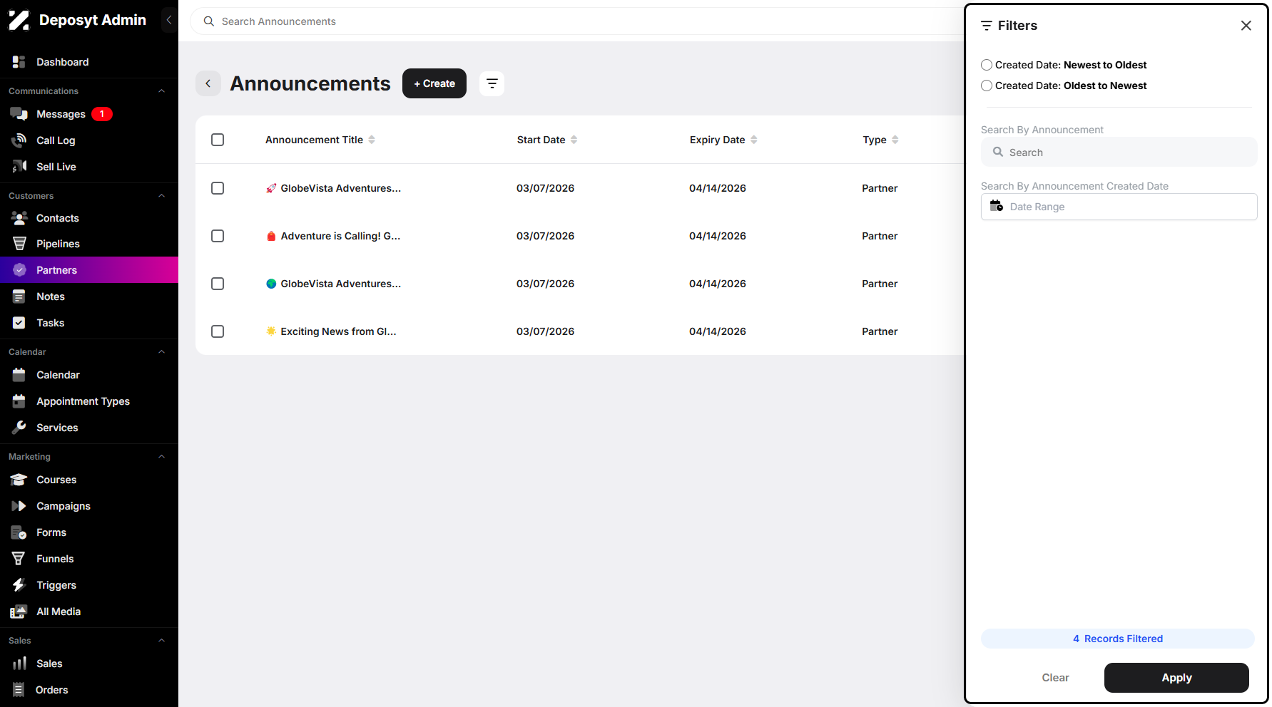 Step 8: Filtering announcements is also accessible by clicking the Filters button next to the + Create button.