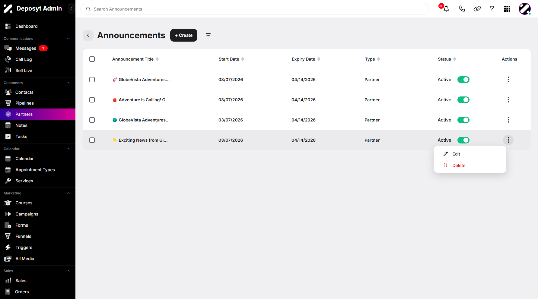 Step 6: A three-dot menu is also available for editing or deleting your announcements.