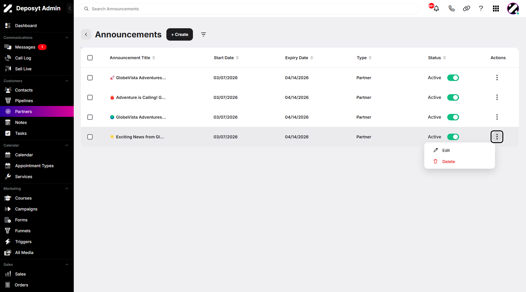 Step 6: A three-dot menu is also available for editing or deleting your announcements.