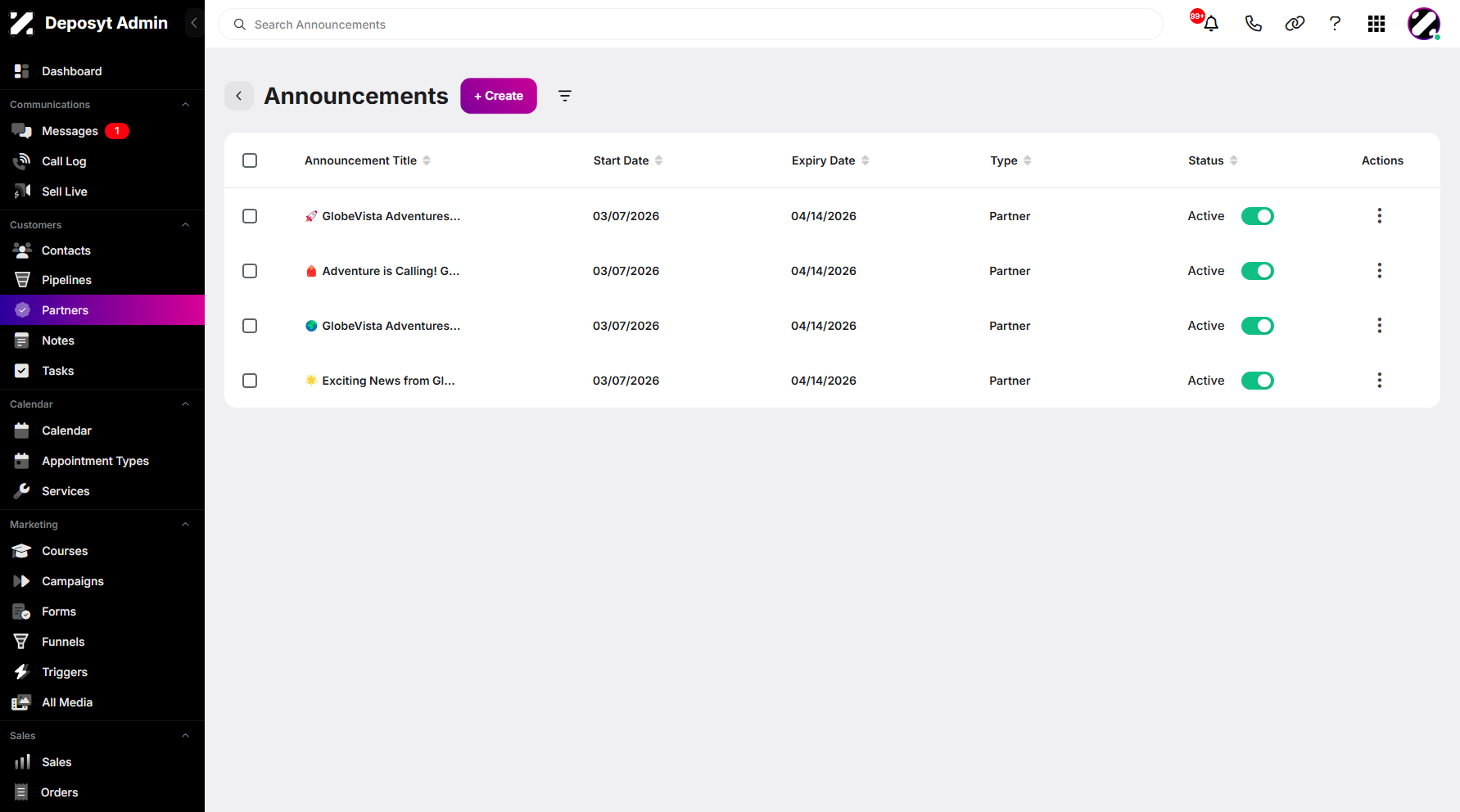 Step 9: To create a new announcement, simply click the + Create button.