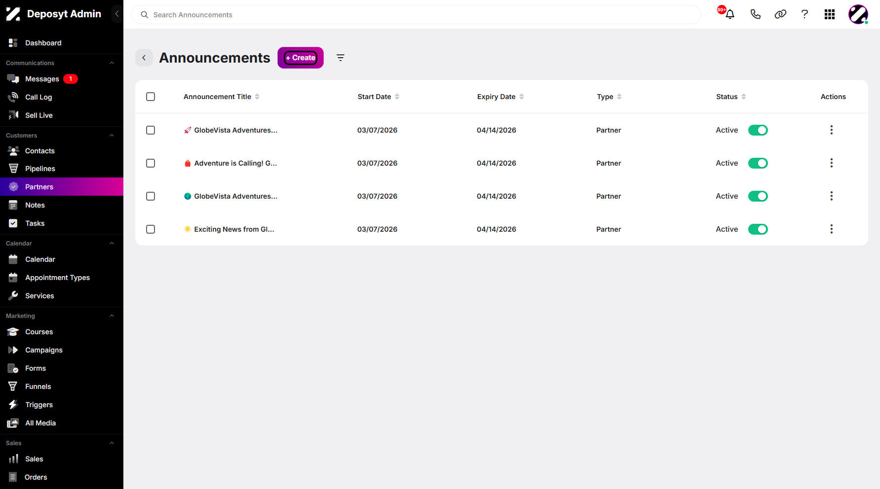 Step 9: To create a new announcement, simply click the + Create button.