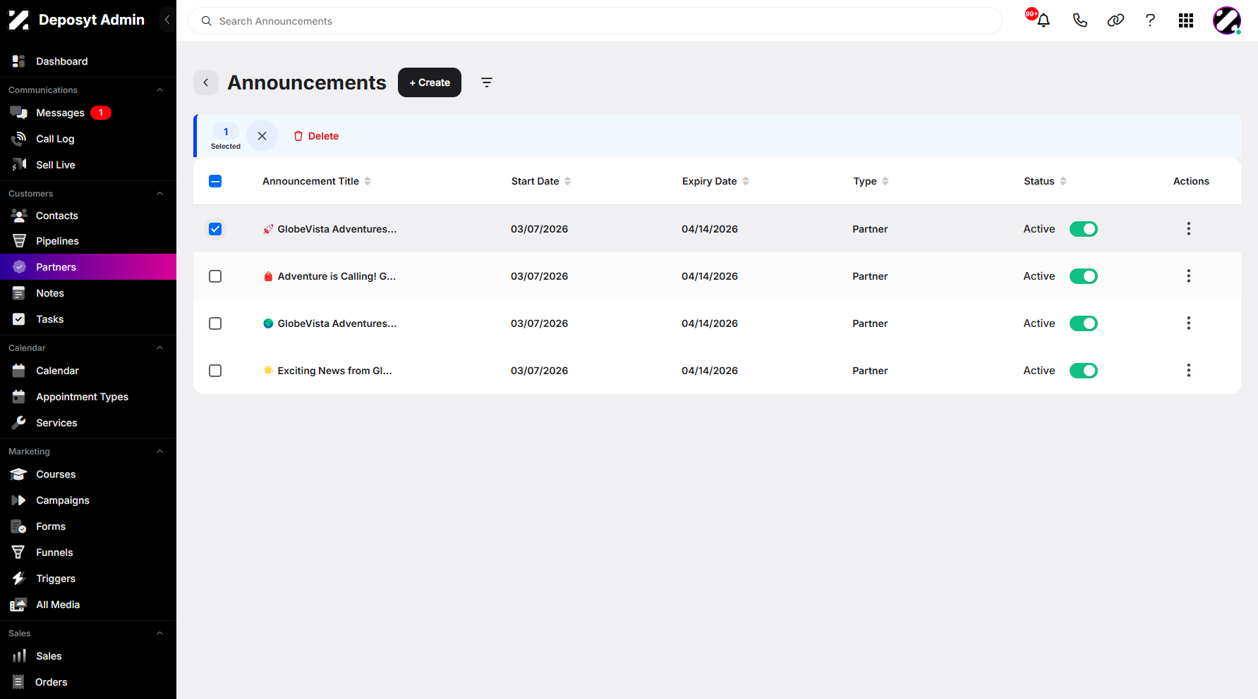 Step 7: You can instantly delete all announcements by enabling bulk actions. Simply click the Select All checkbox to activate it.