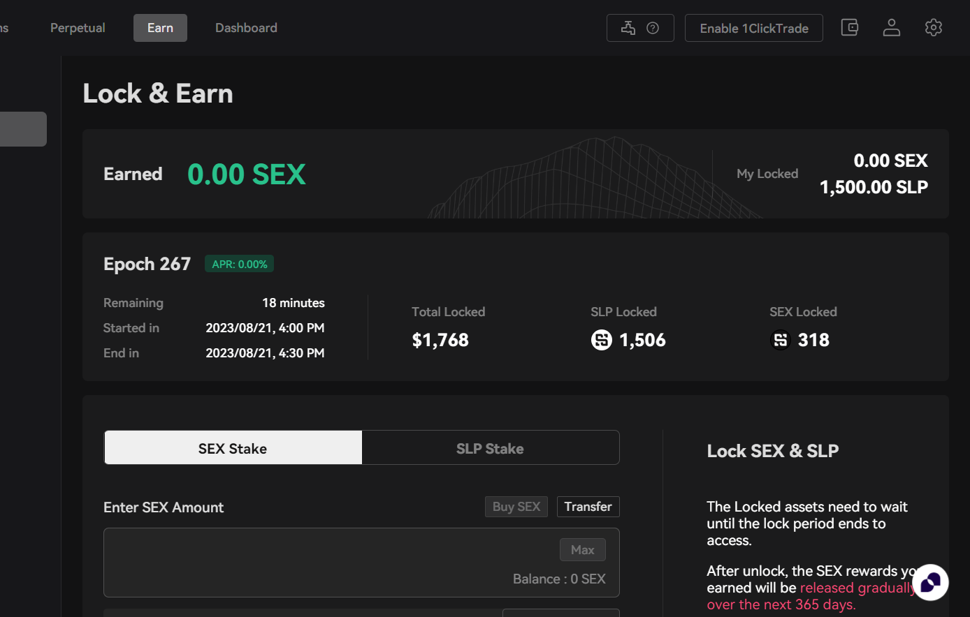The Epoch banner shows detailed information of the current epoch, such as time remaining, total locked value, and etc.