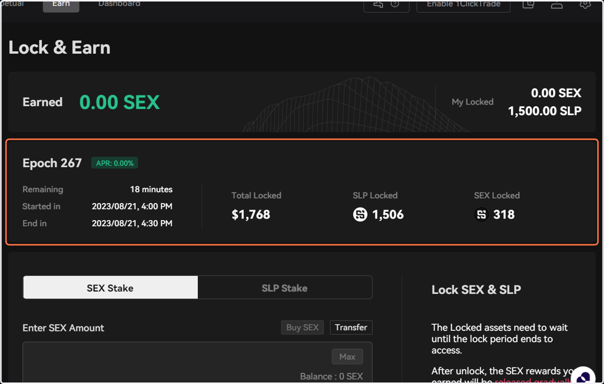 The Epoch banner shows detailed information of the current epoch, such as time remaining, total locked value, and etc.