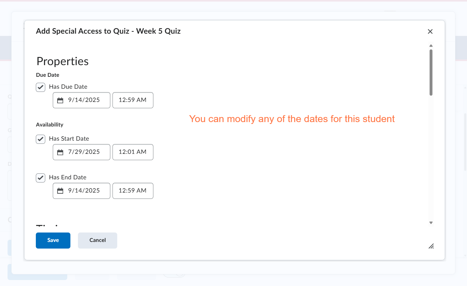 Modify the due dates or availability dates for your student(s)