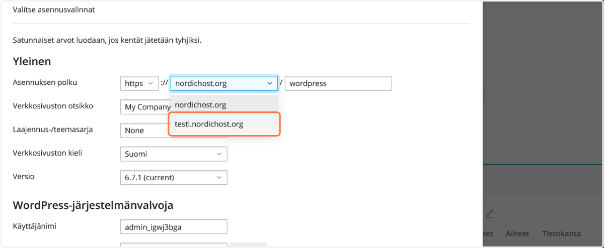 Valitse verkkotunnus, johon haluat asentaa WordPressin