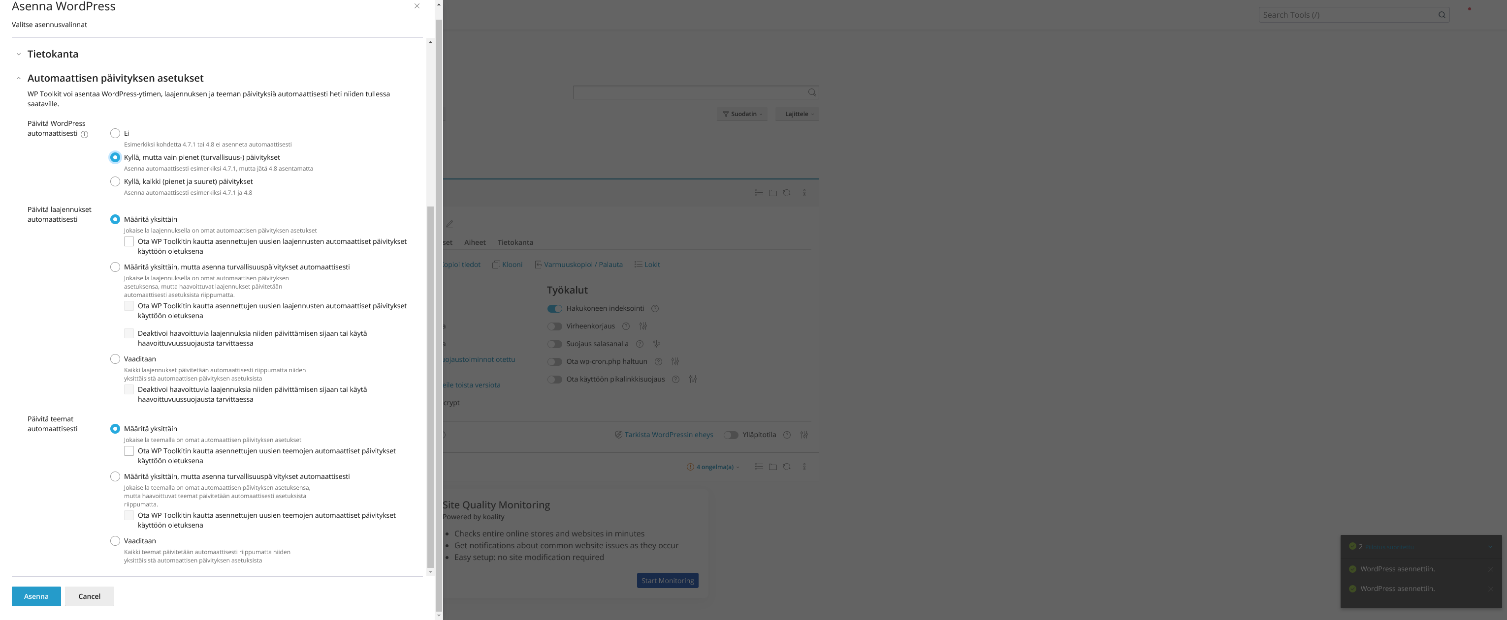 Kun kaikki on valmista, klikkaa Asenna. Tämän jälkeen WordPress asennetaan sivullesi ja muutaman minuutin kuluttua pääset kirjautumaan sivuillesi klikkaamalla Kirjaudu Sisään.