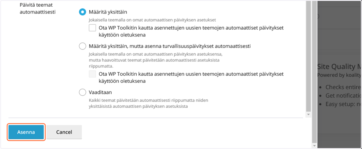 Kun kaikki on valmista, klikkaa Asenna. Tämän jälkeen WordPress asennetaan sivullesi ja muutaman minuutin kuluttua pääset kirjautumaan sivuillesi klikkaamalla Kirjaudu Sisään.