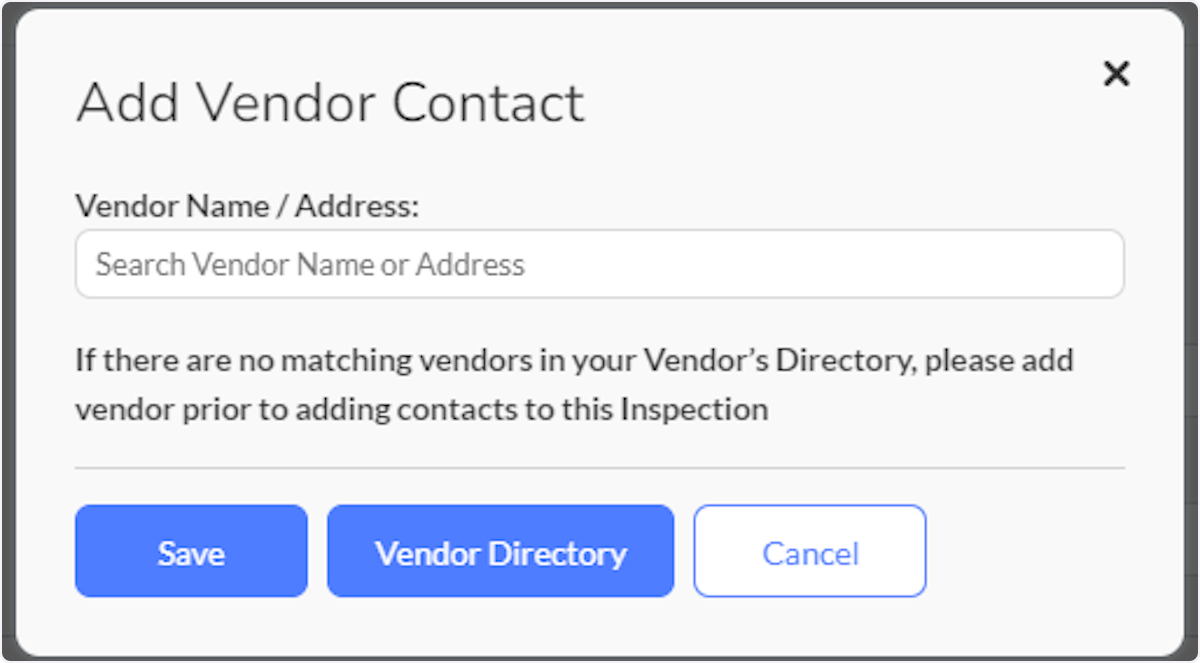 Enter a name or address of a Vendor, select the appropriate vendor and then Save.