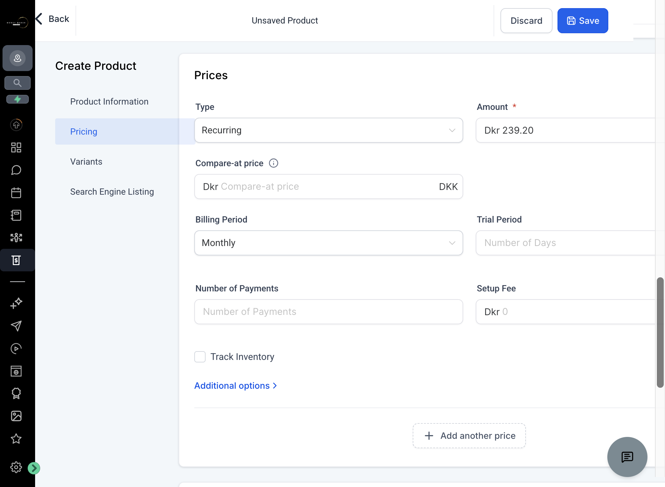 Ønsker du at tilbyde flere prisniveauer fx et årsabonnement, klik på "Add another price" og udfyld oplysningerne.