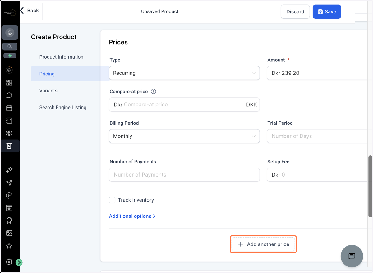 Ønsker du at tilbyde flere prisniveauer fx et årsabonnement, klik på "Add another price" og udfyld oplysningerne.