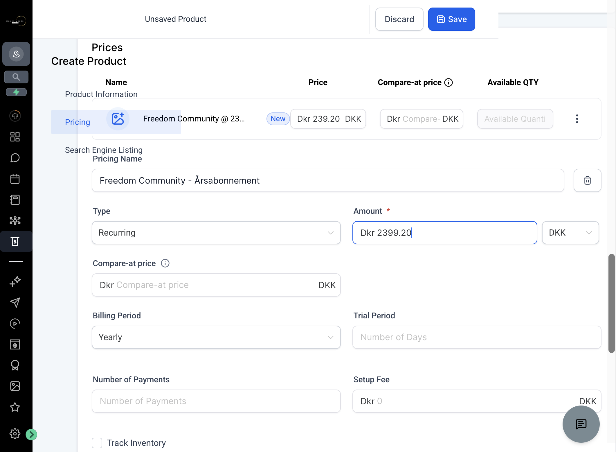 Ønsker du at tilbyde flere prisniveauer fx et årsabonnement, klik på "Add another price" og udfyld oplysningerne.