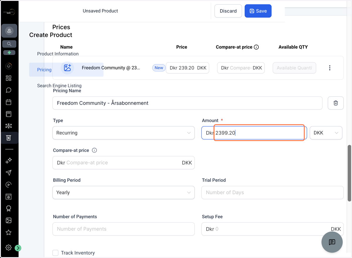 Ønsker du at tilbyde flere prisniveauer fx et årsabonnement, klik på "Add another price" og udfyld oplysningerne.
