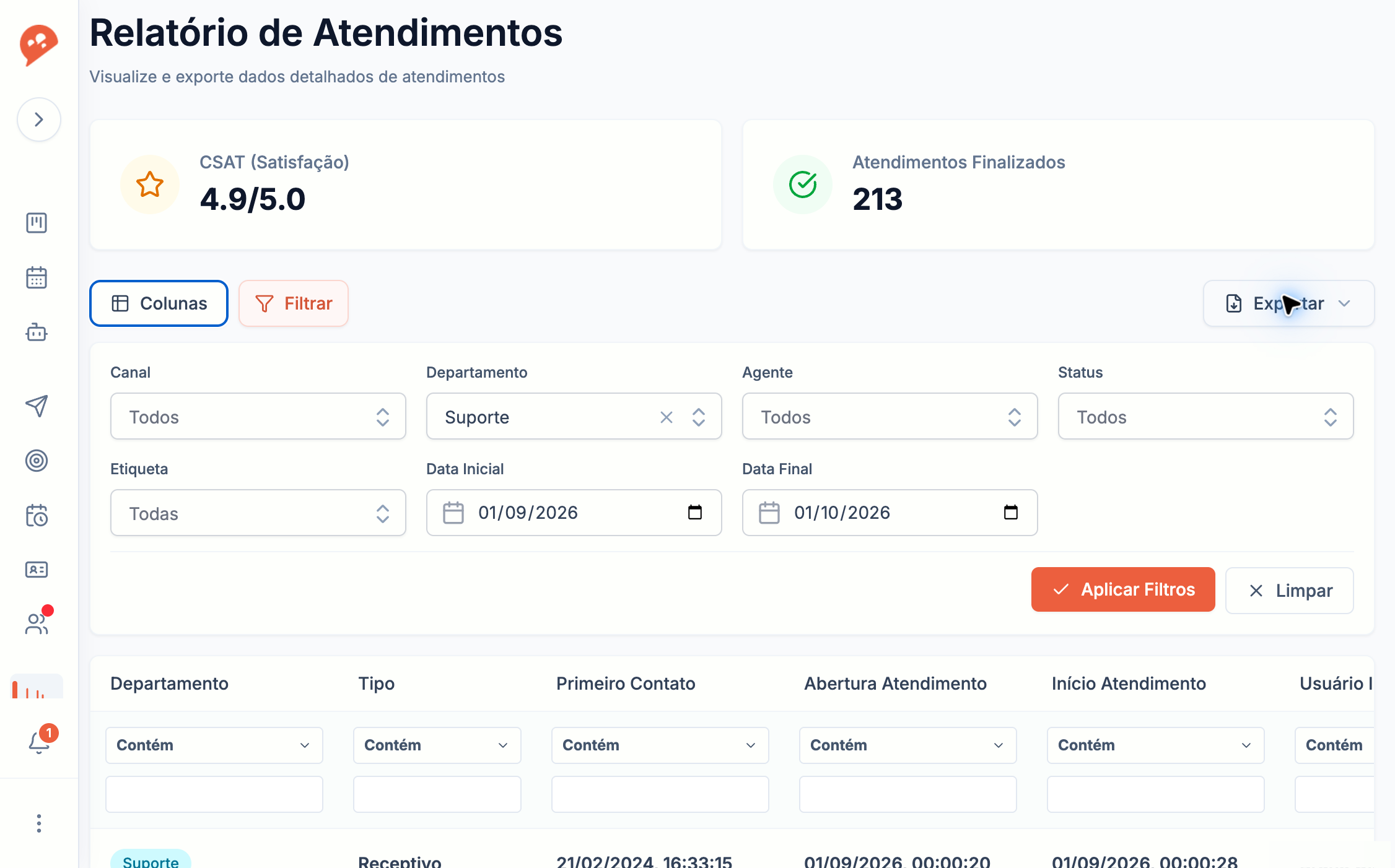 Escolha XLSX ou CSV para exportar a análise
