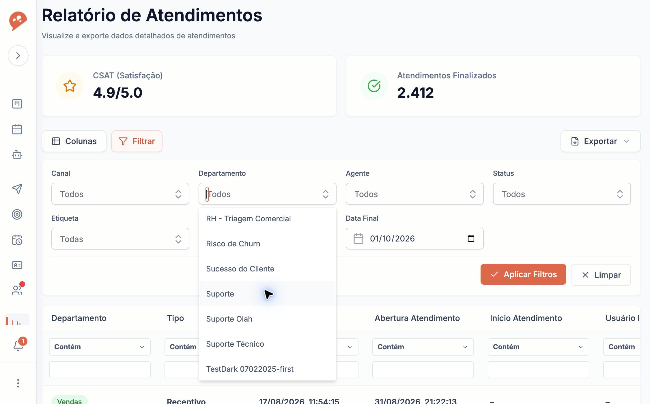 A. Abra os filtros do relatório B. Escolha o departamento que deseja analisar C. Selecione o departamento desejado