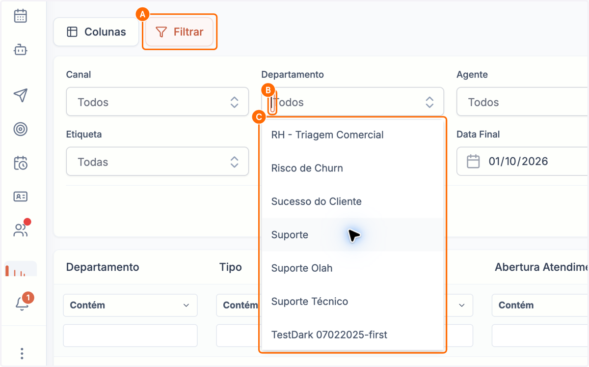 A. Abra os filtros do relatório B. Escolha o departamento que deseja analisar C. Selecione o departamento desejado