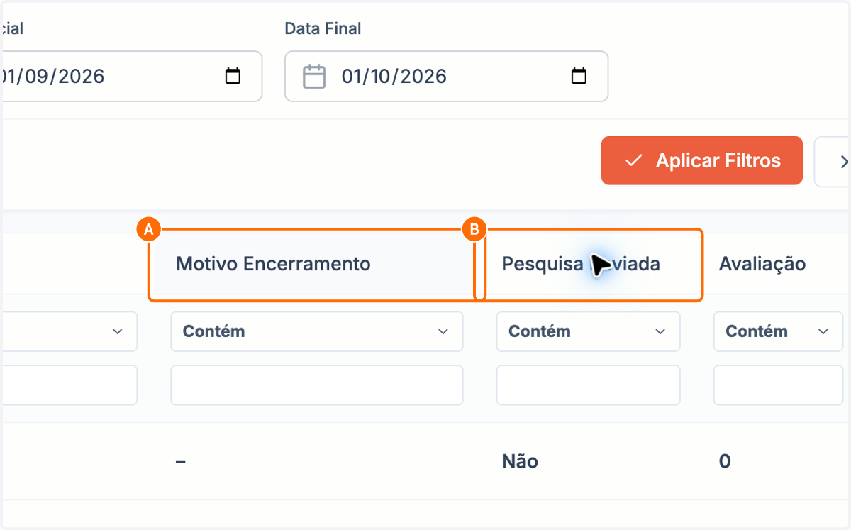 A. Use o motivo de encerramento para entender por que o atendimento foi concluído B. Confira se a pesquisa de satisfação foi enviada ao contato C. Avaliação mostra a nota recebida na pesquisa de satisfação