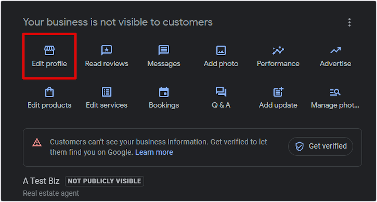 From your Google Business Page, click Edit profile