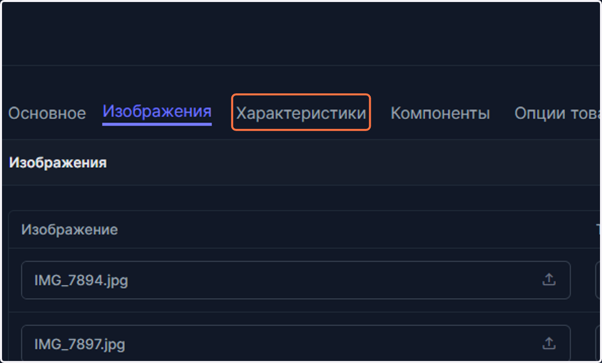 Далее можно заполнить раздел с характеристиками товара. Поля в данном разделе также необязательны для заполнения. Если datalizeCRM подключен к вашему сайту, то данные характеристики будут отображаться в карточке товара или там, где это необходимо.