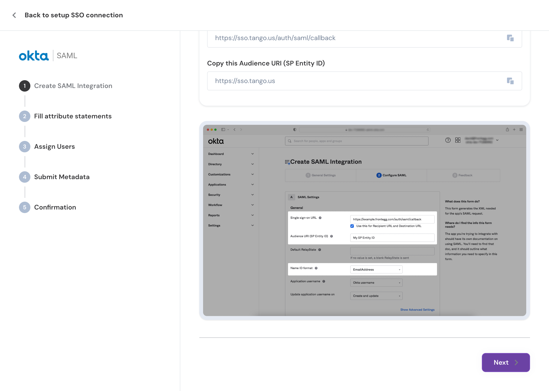 Create the SAML Application as instructed and Click on Next