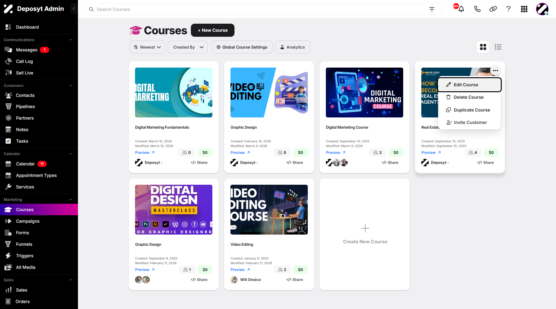 Step 6: You can also click the selected course’s three-dot menu, then click Edit Course to navigate.