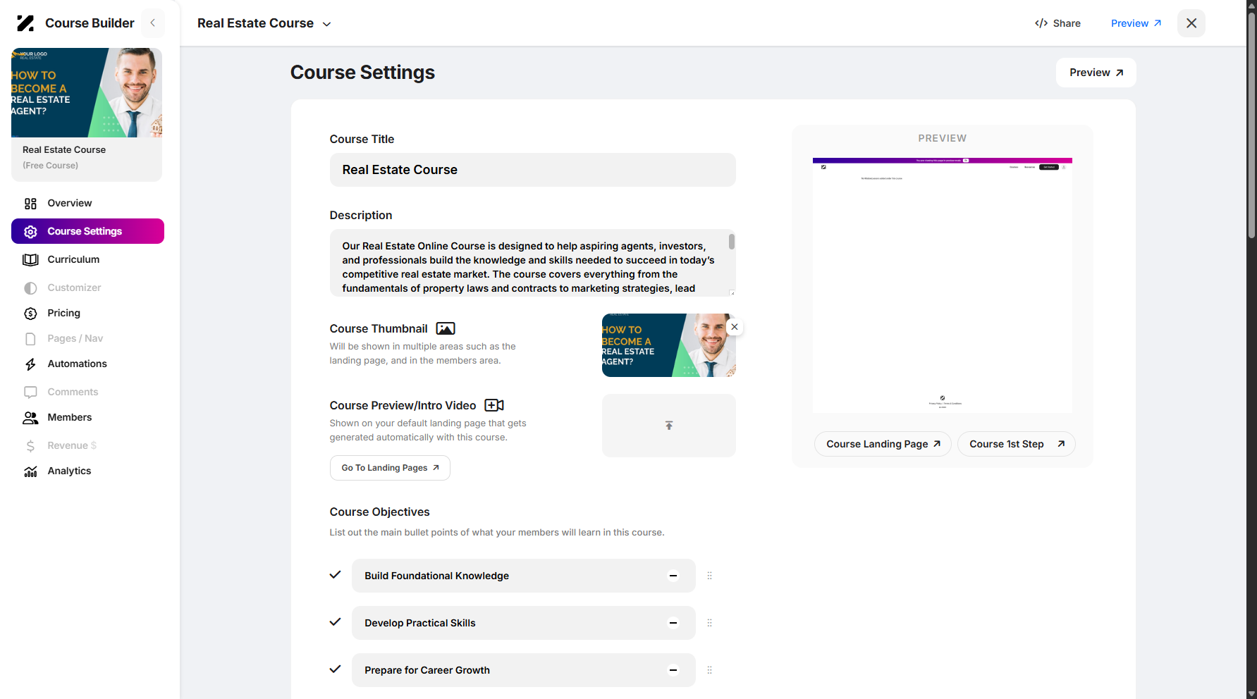 Step 7: You will then be taken to the course builder section.