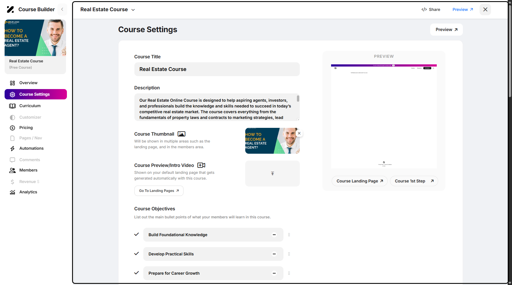 Step 7: You will then be taken to the course builder section.