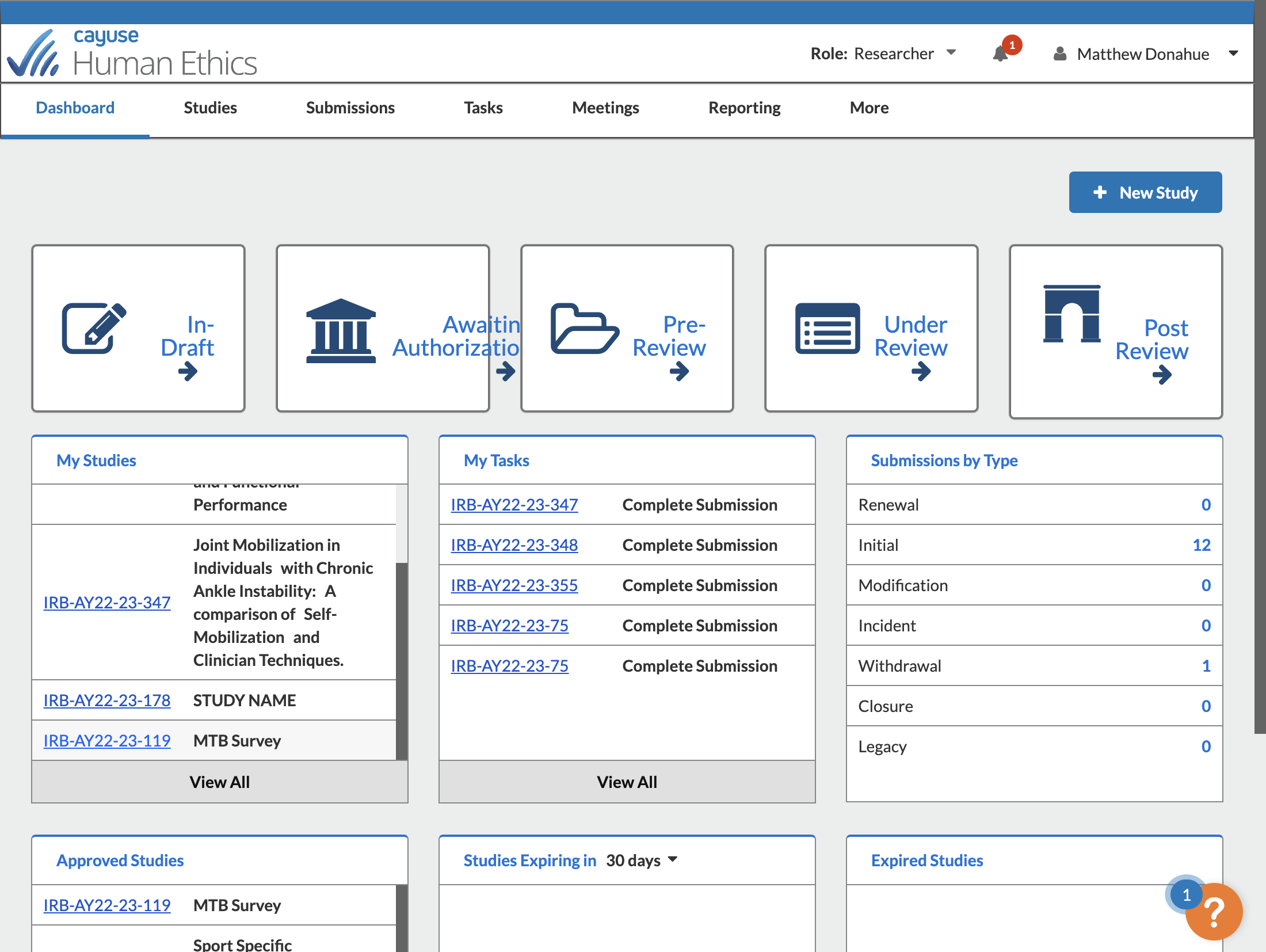 From your Cayuse dashboard select the study you want to Modify