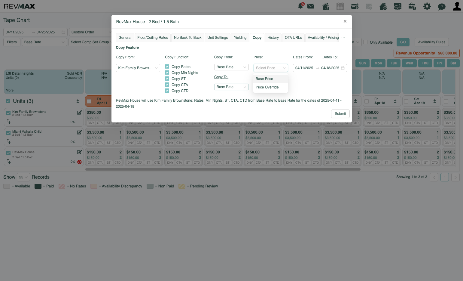 Under "Price", Select the rates you'd like to copy - Base Price or Final Rates (Price Override)