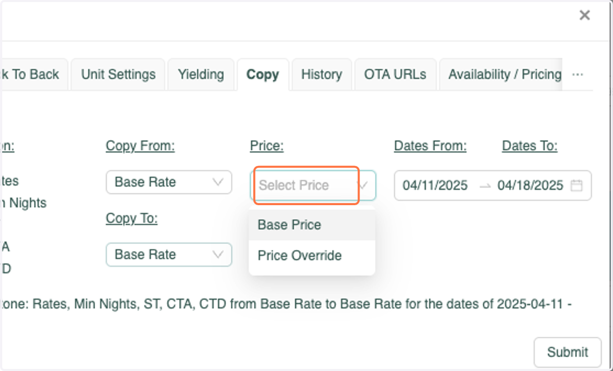 Under "Price", Select the rates you'd like to copy - Base Price or Final Rates (Price Override)