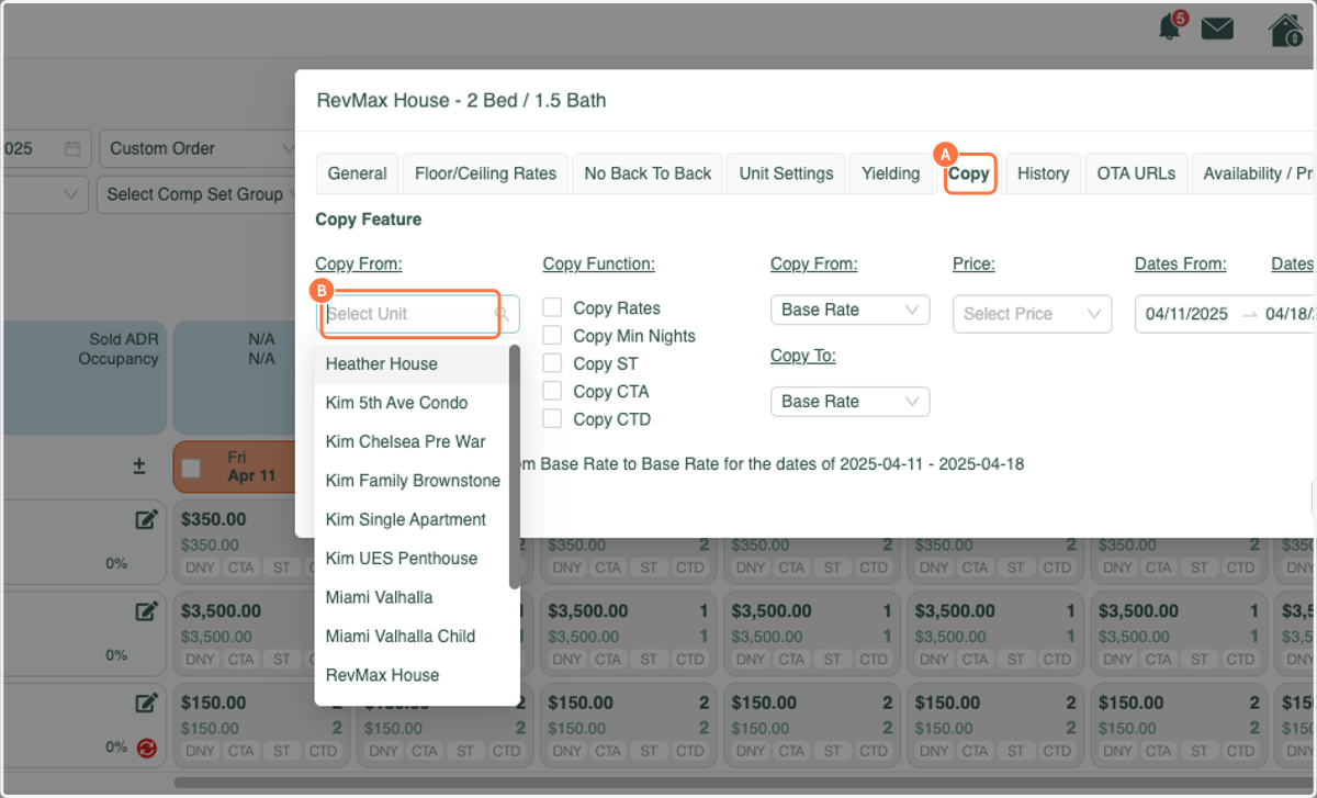 A. Click the Copy Tab B. Click the Drop Down under "Copy From"