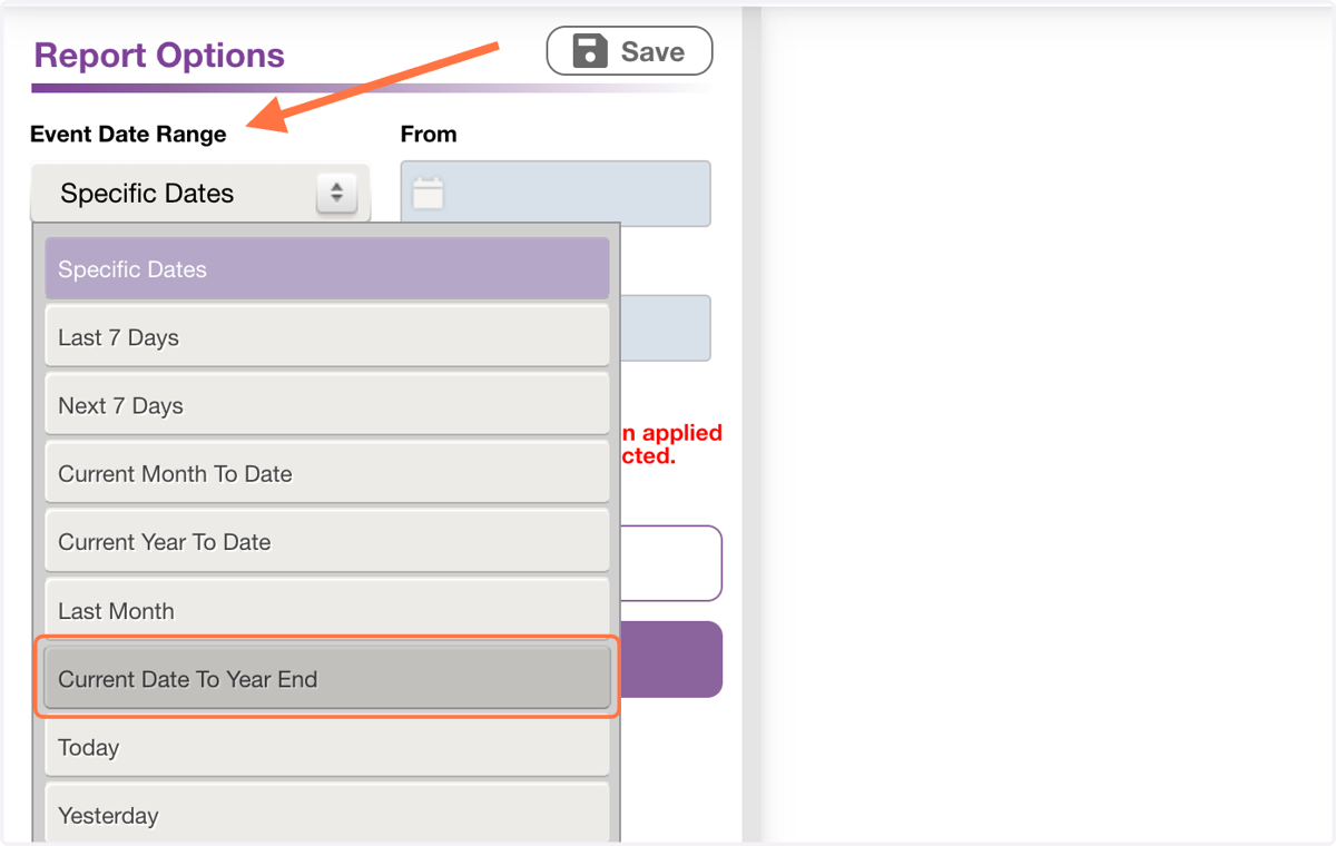 Under "Event Date Range", Click on Current Date To Year End