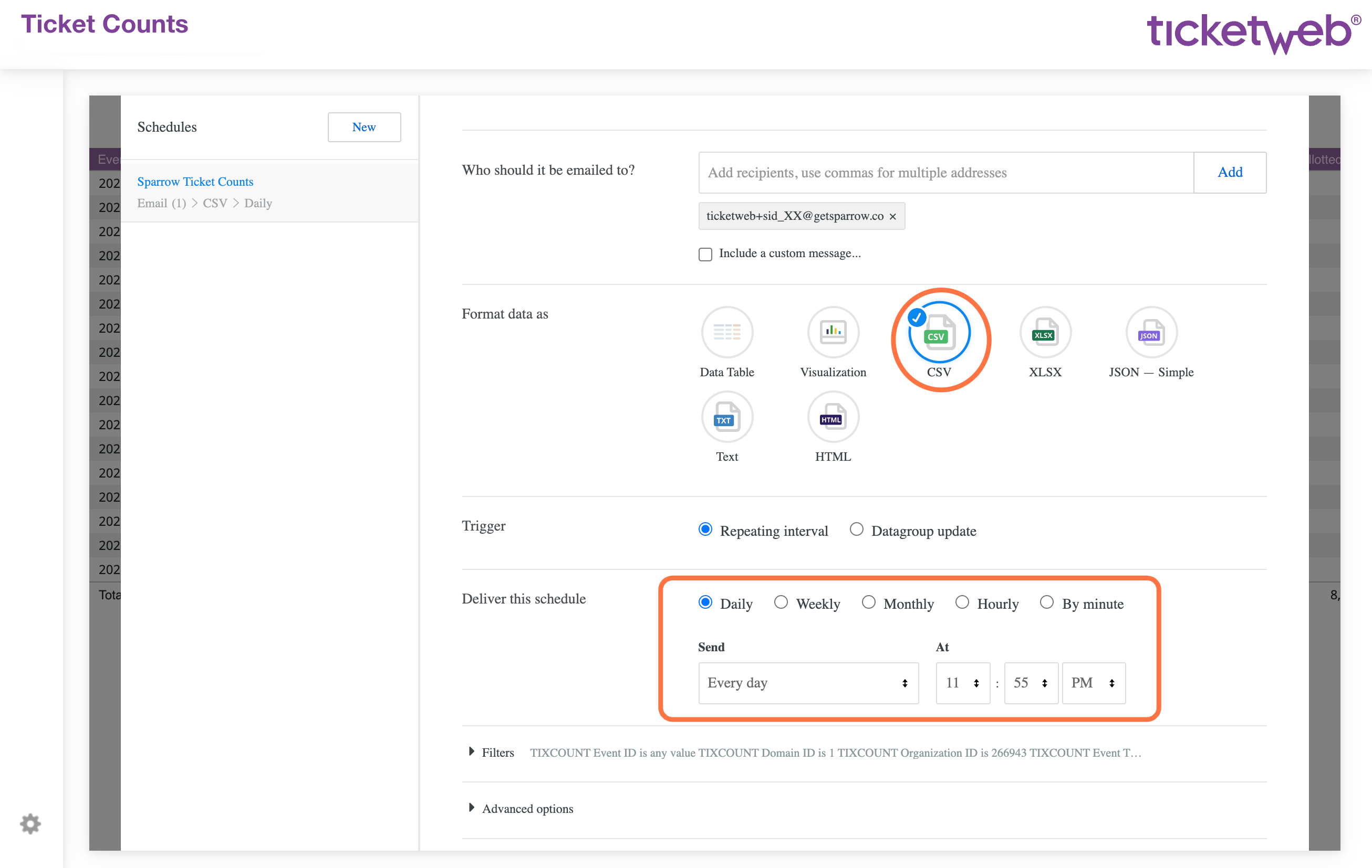 Select Format data as CSV and Deliver This Schedule Every Day at 11:55 PM