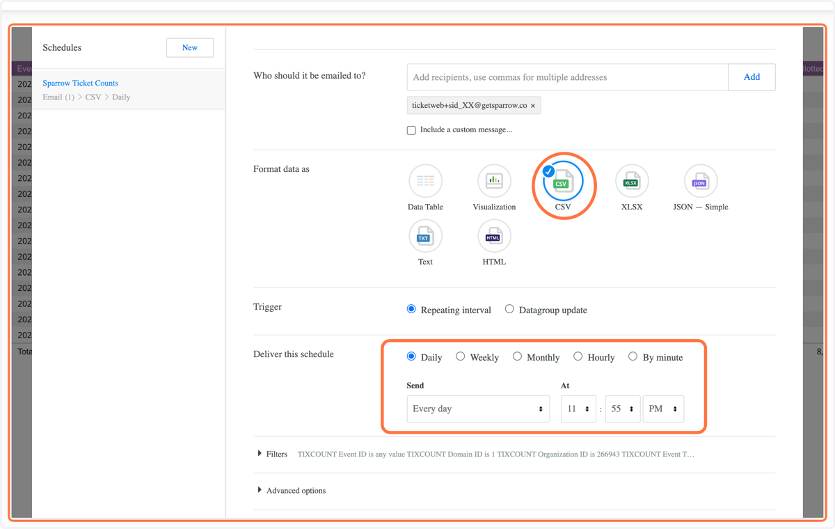 Select Format data as CSV and Deliver This Schedule Every Day at 11:55 PM